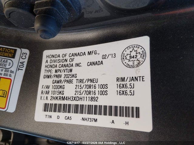 Продаж на аукціоні авто 2013 Honda Cr-v, vin: 2HKRM4H3XDH111892, номер лоту: 12571417