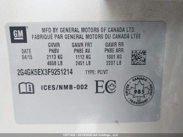 Aukcja sprzedaży 2015 Buick Regal, vin: 2G4GK5EX3F9251214, numer aukcji: 12571420