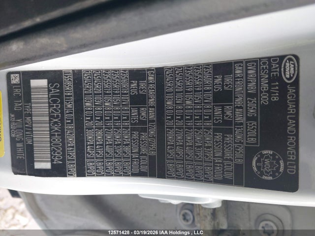 SALCR2FX3KH802994 Land Rover Discovery Sport Hse/landmark Edition