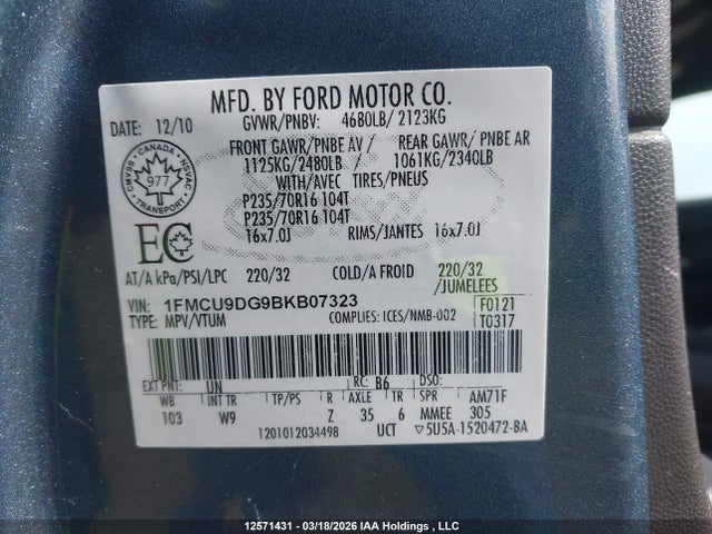 Aukcja sprzedaży 2011 Ford Escape Xlt, vin: 1FMCU9DG9BKB07323, numer aukcji: 12571431