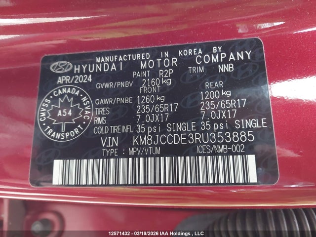 12571432 :رقم المزاد ، KM8JCCDE3RU353885 vin ، 2024 Hyundai Tucson Trend Awd مزاد بيع