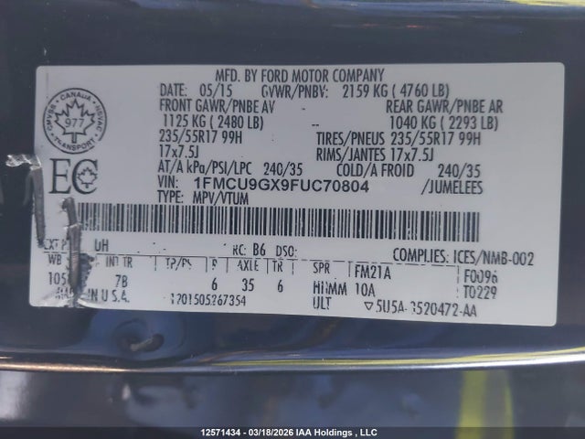 Aukcja sprzedaży 2015 Ford Escape, vin: 1FMCU9GX9FUC70804, numer aukcji: 12571434