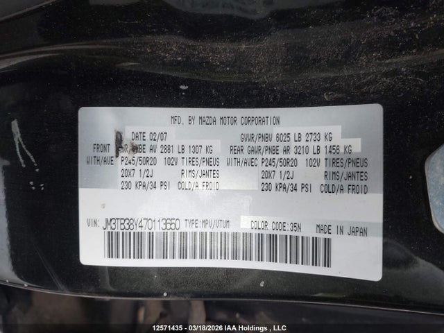 Aukcja sprzedaży 2007 Mazda Cx-9, vin: JM3TB38Y470113650, numer aukcji: 12571435