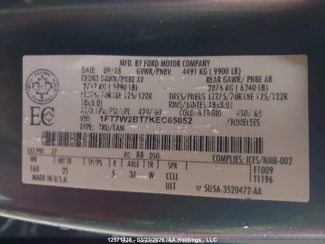 2019 Ford F-250 Xlt მანქანა იყიდება აუქციონზე, vin: 1FT7W2BT7KEC65052, აუქციონის ნომერი: 12571438