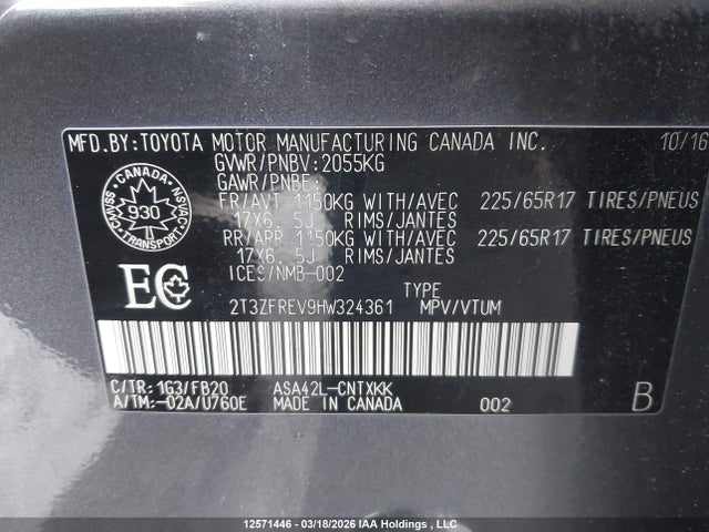 2T3ZFREV9HW324361 Toyota RAV4 LE