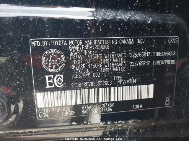 2025 Toyota Rav4 Le მანქანა იყიდება აუქციონზე, vin: 2T3B1RFV8SC552603, აუქციონის ნომერი: 12571448
