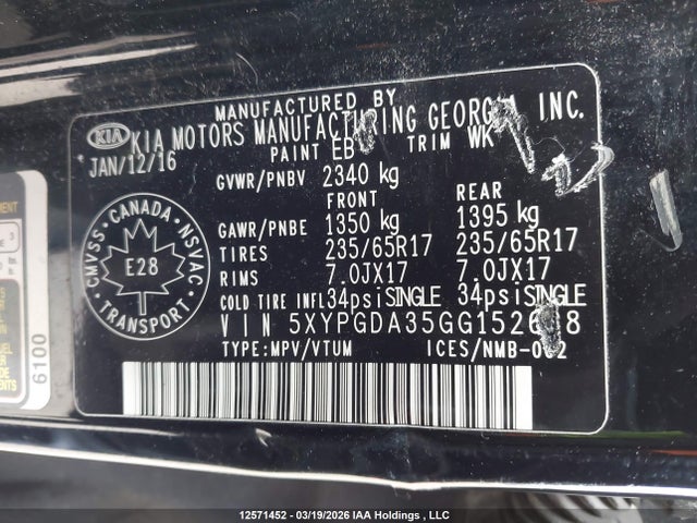 5XYPGDA35GG152628 KIA Sorento Lx/l