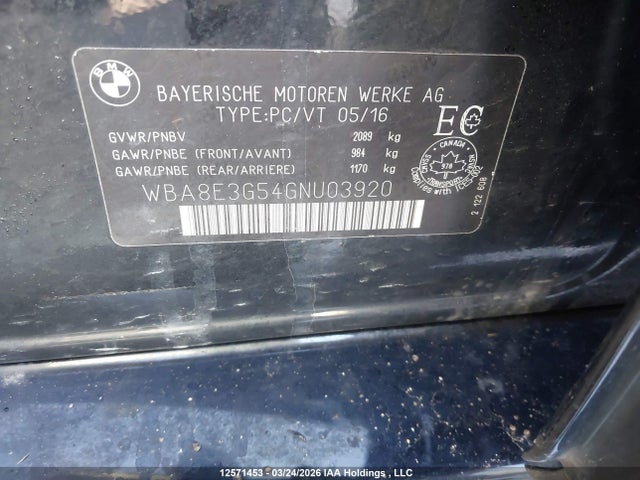 12571453 :رقم المزاد ، WBA8E3G54GNU03920 vin ، 2016 Bmw 328 Xi Sulev مزاد بيع