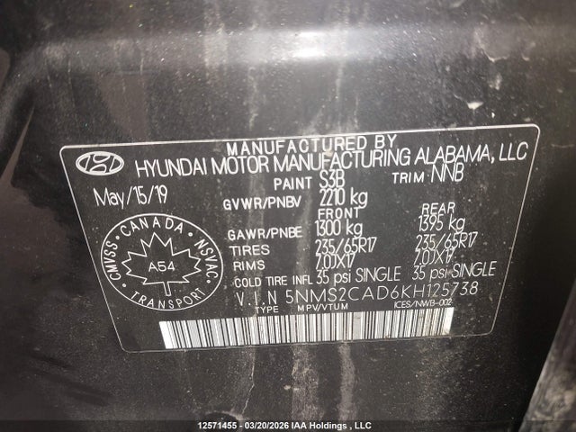 12571455 :رقم المزاد ، 5NMS2CAD6KH125738 vin ، 2019 Hyundai Santa Fe Essential مزاد بيع