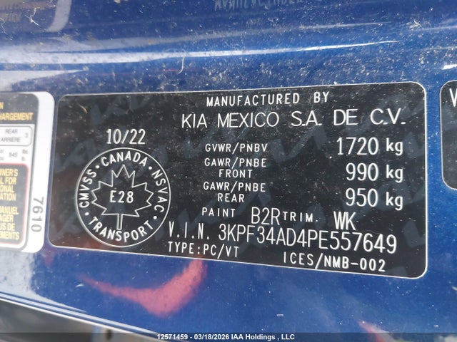 12571459 :رقم المزاد ، 3KPF34AD4PE557649 vin ، 2023 Kia Forte Ex/ex Premium/ex+/gt-line مزاد بيع
