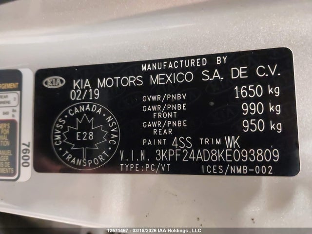3KPF24AD8KE093809 KIA Forte Fe/lx/lxs