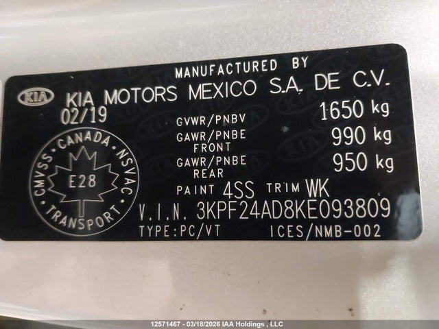 3KPF24AD8KE093809 KIA Forte Fe/lx/lxs