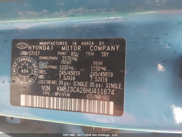 KM8J3CA26HU411674 Hyundai TUCSON SE