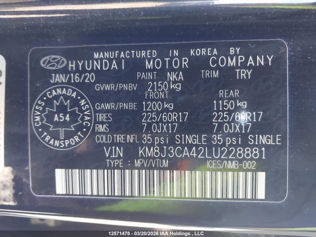 12571478 :رقم المزاد ، KM8J3CA42LU228881 vin ، 2020 Hyundai Tucson Preferred Awd مزاد بيع