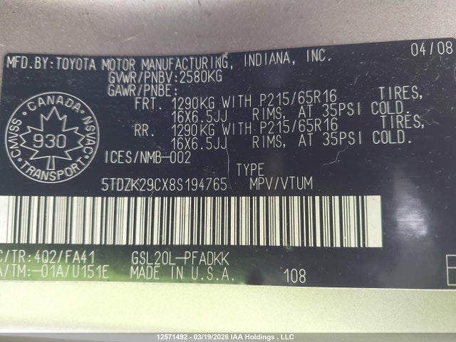 Aukcja sprzedaży 2008 Toyota Sienna Ce, vin: 5TDZK29CX8S194765, numer aukcji: 12571492