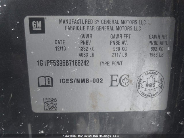 12571496 :رقم المزاد ، 1G1PF5S96B7166242 vin ، 2011 Chevrolet Cruze Lt مزاد بيع