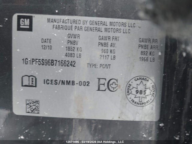 12571496 :رقم المزاد ، 1G1PF5S96B7166242 vin ، 2011 Chevrolet Cruze Lt مزاد بيع