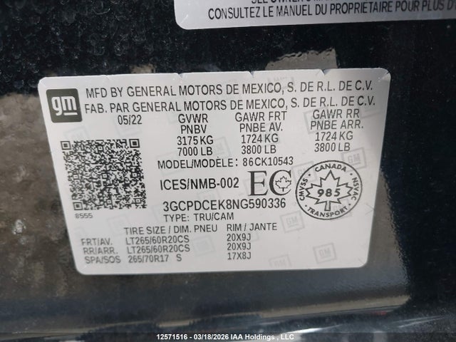 3GCPDCEK8NG590336 Chevrolet Silverado K1500 Trail Boss Custom