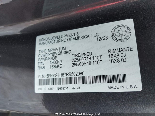 Aukcja sprzedaży 2024 Honda Pilot Trailsport, vin: 5FNYG1H67RB502080, numer aukcji: 12571518