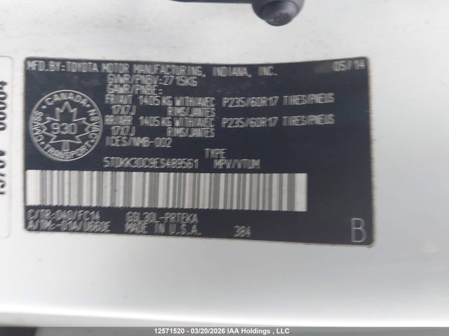 Aukcja sprzedaży 2014 Toyota Sienna Le, vin: 5TDKK3DC9ES489561, numer aukcji: 12571520