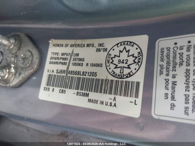 2008 Honda Cr-v Ex მანქანა იყიდება აუქციონზე, vin: 5J6RE48568L821205, აუქციონის ნომერი: 12571533