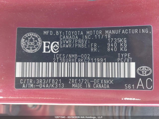 2T1BURHE8KC211991 Toyota Corolla L/le/xle/se/xse