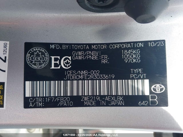 12571550 :رقم المزاد ، JTDBCMFE2R3033619 vin ، 2024 Toyota Corolla Hybrid مزاد بيع