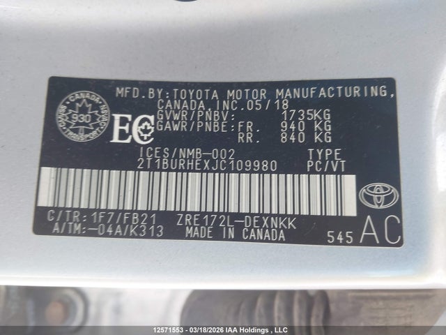 Aukcja sprzedaży 2018 Toyota Corolla L/le/xle/se/xse, vin: 2T1BURHEXJC109980, numer aukcji: 12571553