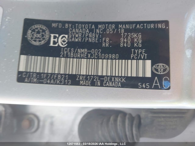 Aukcja sprzedaży 2018 Toyota Corolla L/le/xle/se/xse, vin: 2T1BURHEXJC109980, numer aukcji: 12571553