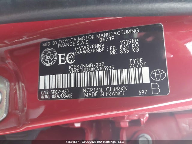 VNKKTUD38KA105935 Toyota Yaris L/le/se