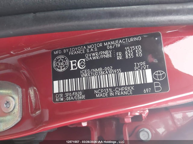 VNKKTUD38KA105935 Toyota Yaris L/le/se