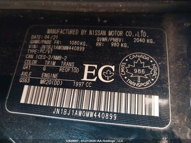 JN1BJ1AW0MW440899 Nissan Qashqai S