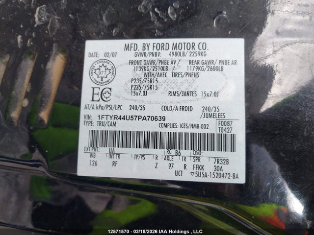 2007 Ford Ranger Super Cab მანქანა იყიდება აუქციონზე, vin: 1FTYR44U57PA70639, აუქციონის ნომერი: 12571570
