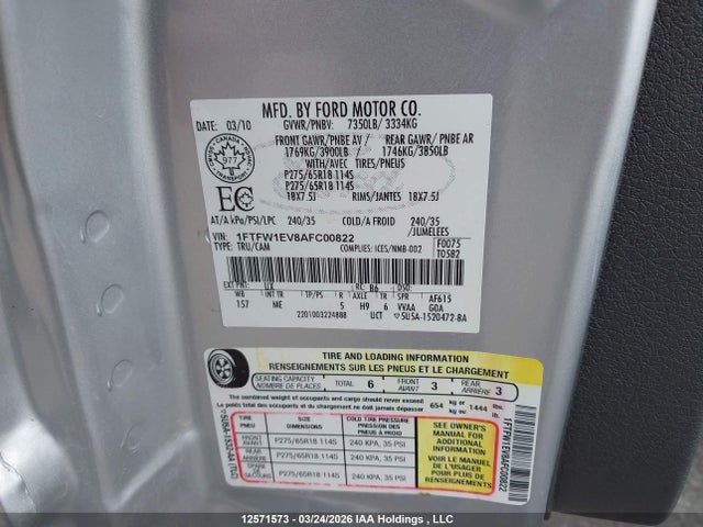 2010 Ford F-150 Fx4/harley-davidson/lariat/xlt მანქანა იყიდება აუქციონზე, vin: 1FTFW1EV8AFC00822, აუქციონის ნომერი: 12571573