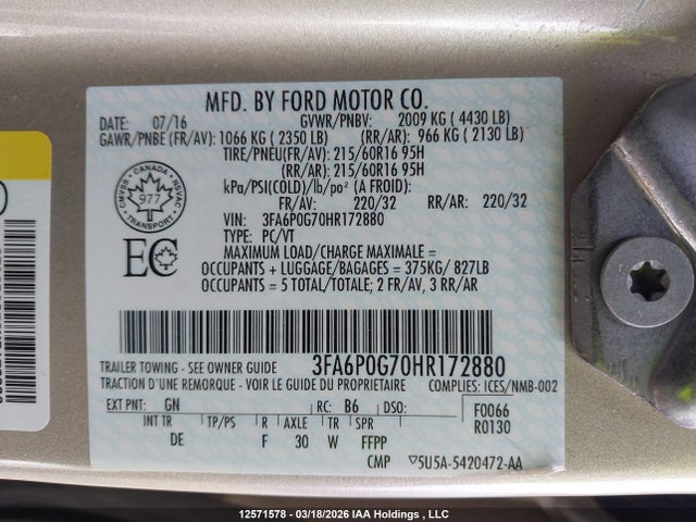 Aukcja sprzedaży 2017 Ford Fusion S, vin: 3FA6P0G70HR172880, numer aukcji: 12571578