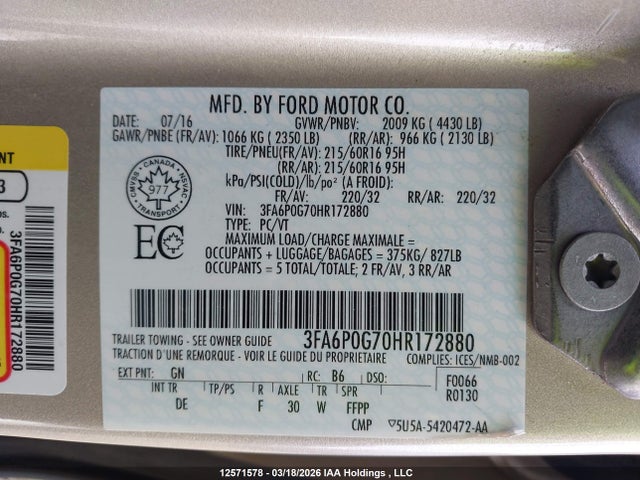 Aukcja sprzedaży 2017 Ford Fusion S, vin: 3FA6P0G70HR172880, numer aukcji: 12571578