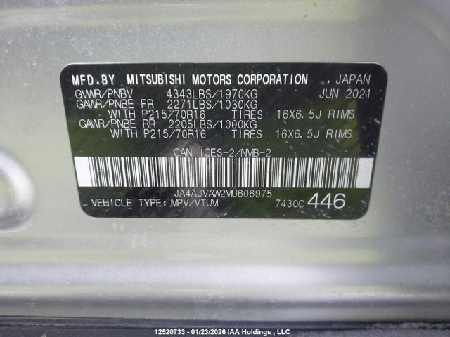 Aukcja sprzedaży 2021 Mitsubishi Rvr Gt/le/se/sel, vin: JA4AJVAW2MU606975, numer aukcji: 12520733