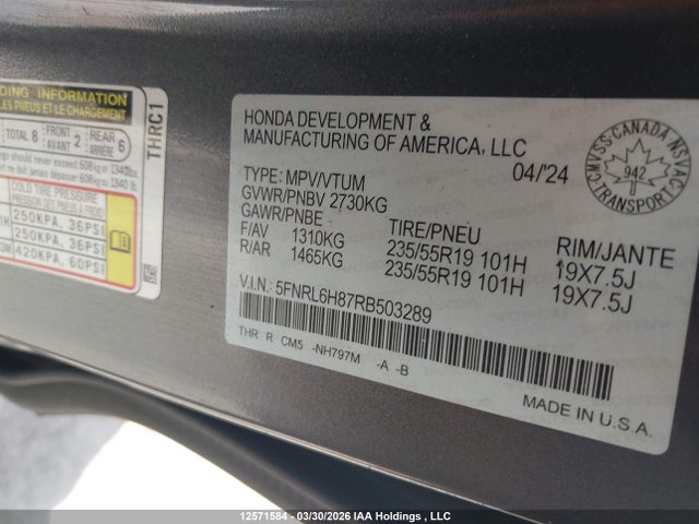 Aukcja sprzedaży 2024 Honda Odyssey Touring, vin: 5FNRL6H87RB503289, numer aukcji: 12571584