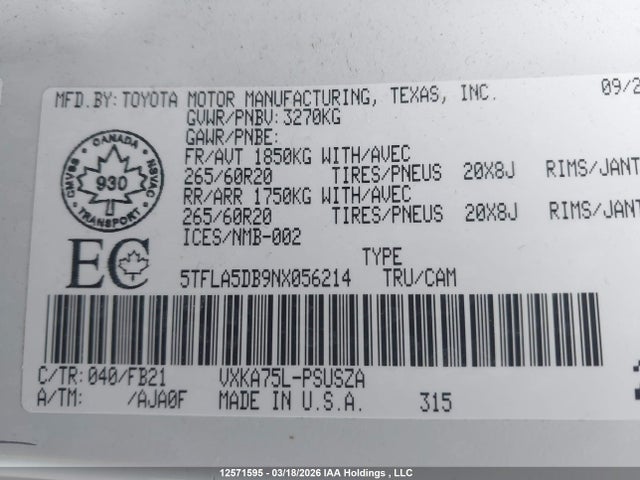 5TFLA5DB9NX056214 Toyota Tundra Crewmax Sr/crewmax Sr5