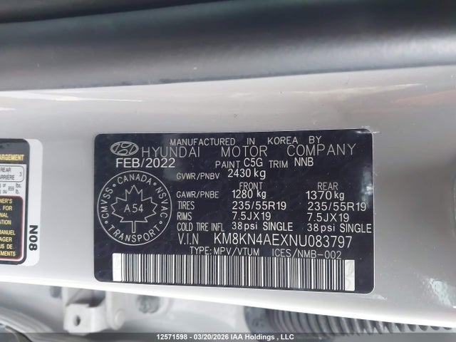 12571598 :رقم المزاد ، KM8KN4AEXNU083797 vin ، 2022 Hyundai Ioniq 5 Preferred Long Range مزاد بيع