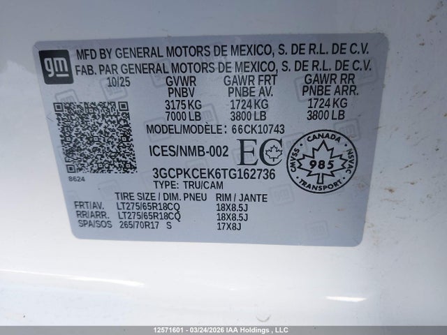 Aukcja sprzedaży 2026 Chevrolet Silverado K1500 Trail Boss Custom, vin: 3GCPKCEK6TG162736, numer aukcji: 12571601
