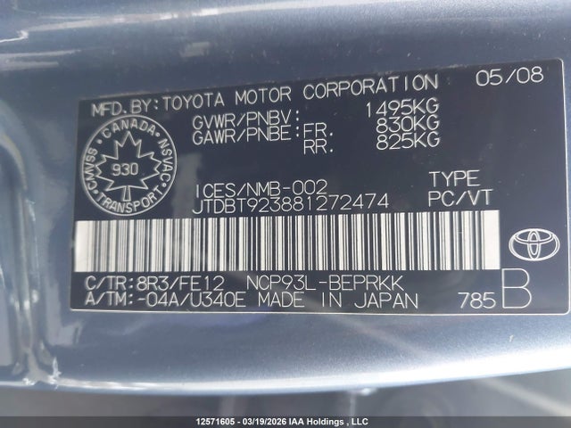 Продаж на аукціоні авто 2008 Toyota Yaris, vin: JTDBT923881272474, номер лоту: 12571605