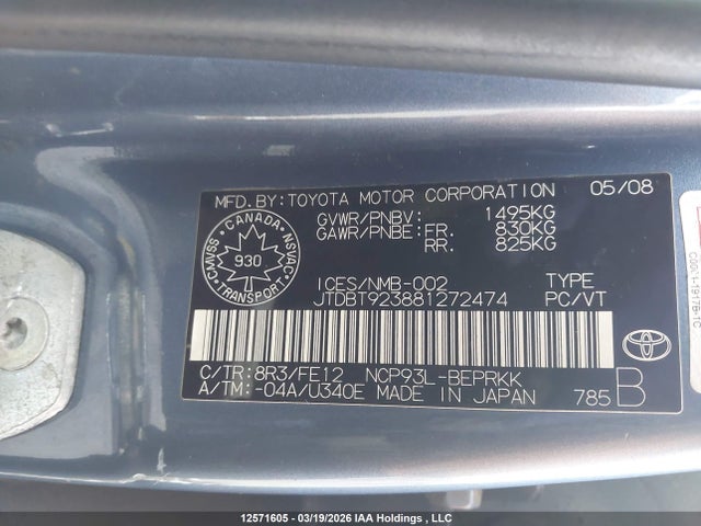 Продаж на аукціоні авто 2008 Toyota Yaris, vin: JTDBT923881272474, номер лоту: 12571605