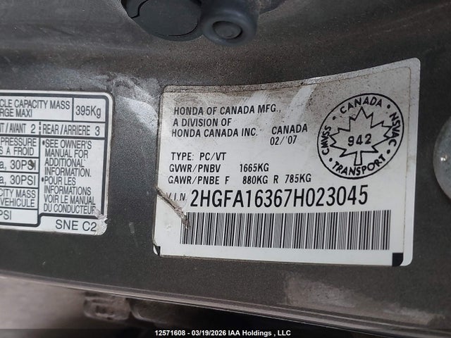 Продажа на аукционе авто 2007 Honda Civic, vin: 2HGFA16367H023045, номер лота: 12571608