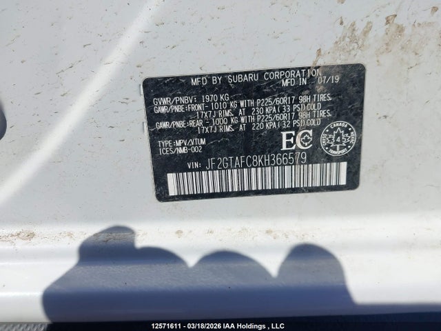 12571611 :رقم المزاد ، JF2GTAFC8KH366579 vin ، 2019 Subaru Crosstrek Sport مزاد بيع