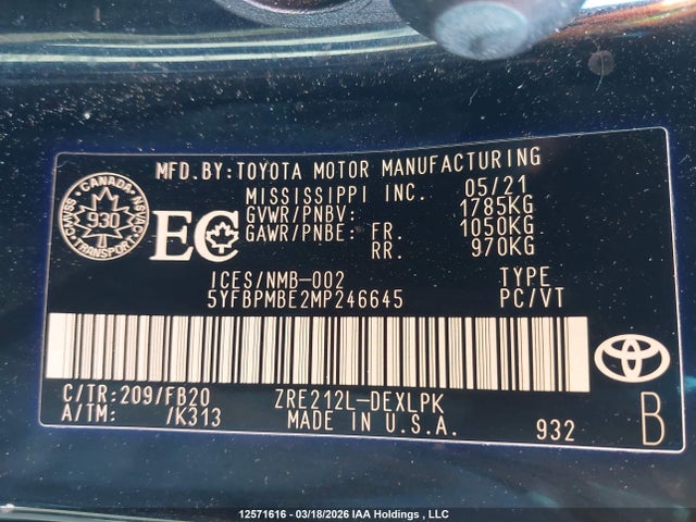 Aukcja sprzedaży 2021 Toyota Corolla Le, vin: 5YFBPMBE2MP246645, numer aukcji: 12571616