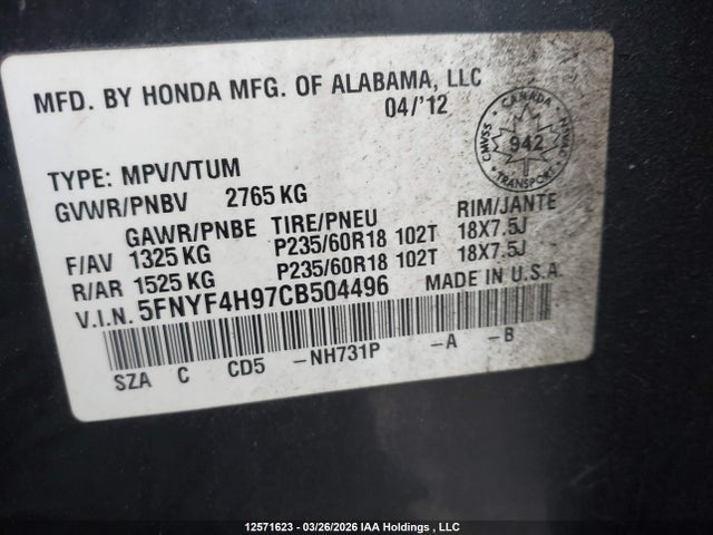 12571623 :رقم المزاد ، 5FNYF4H97CB504496 vin ، 2012 Honda Pilot Touring مزاد بيع