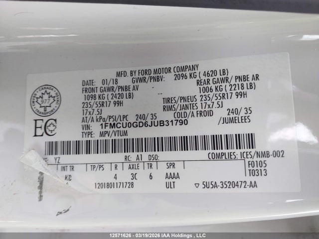 1FMCU0GD6JUB31790 Ford ESCAPE SE