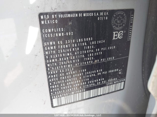 Aukcja sprzedaży 2018 Volkswagen Tiguan Sel Premium, vin: 3VV4B7AX1JM190875, numer aukcji: 12571628