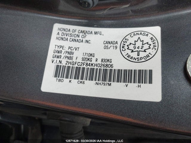 2HGFC2F84KH026806 Honda Civic Sport